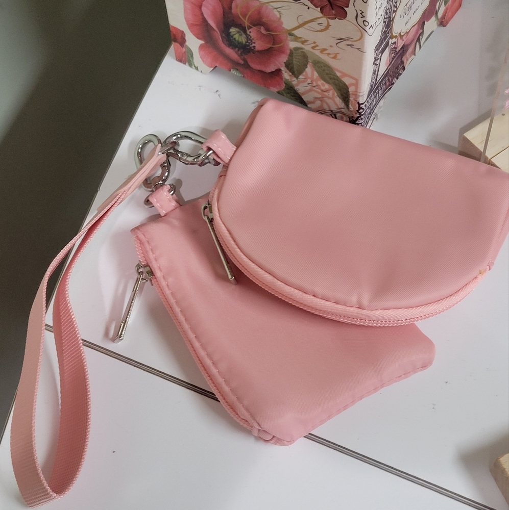 Double Wristlet Pink And Pink Mini Pouch Set With Wrist Lanyard